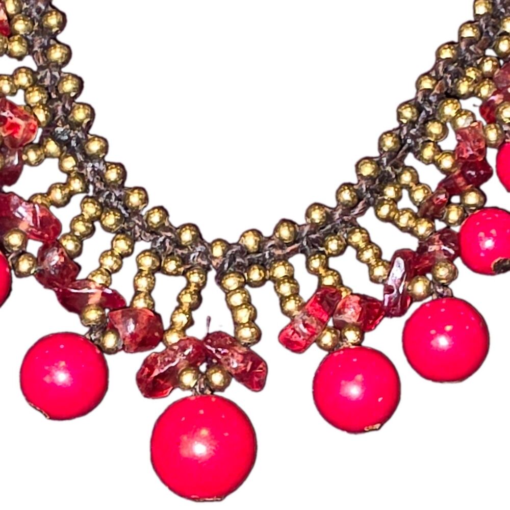 Handmade Knotted Brass Bead Bib Necklace Red Drop Beads Boho Tribal Statement - Picture 14 of 16